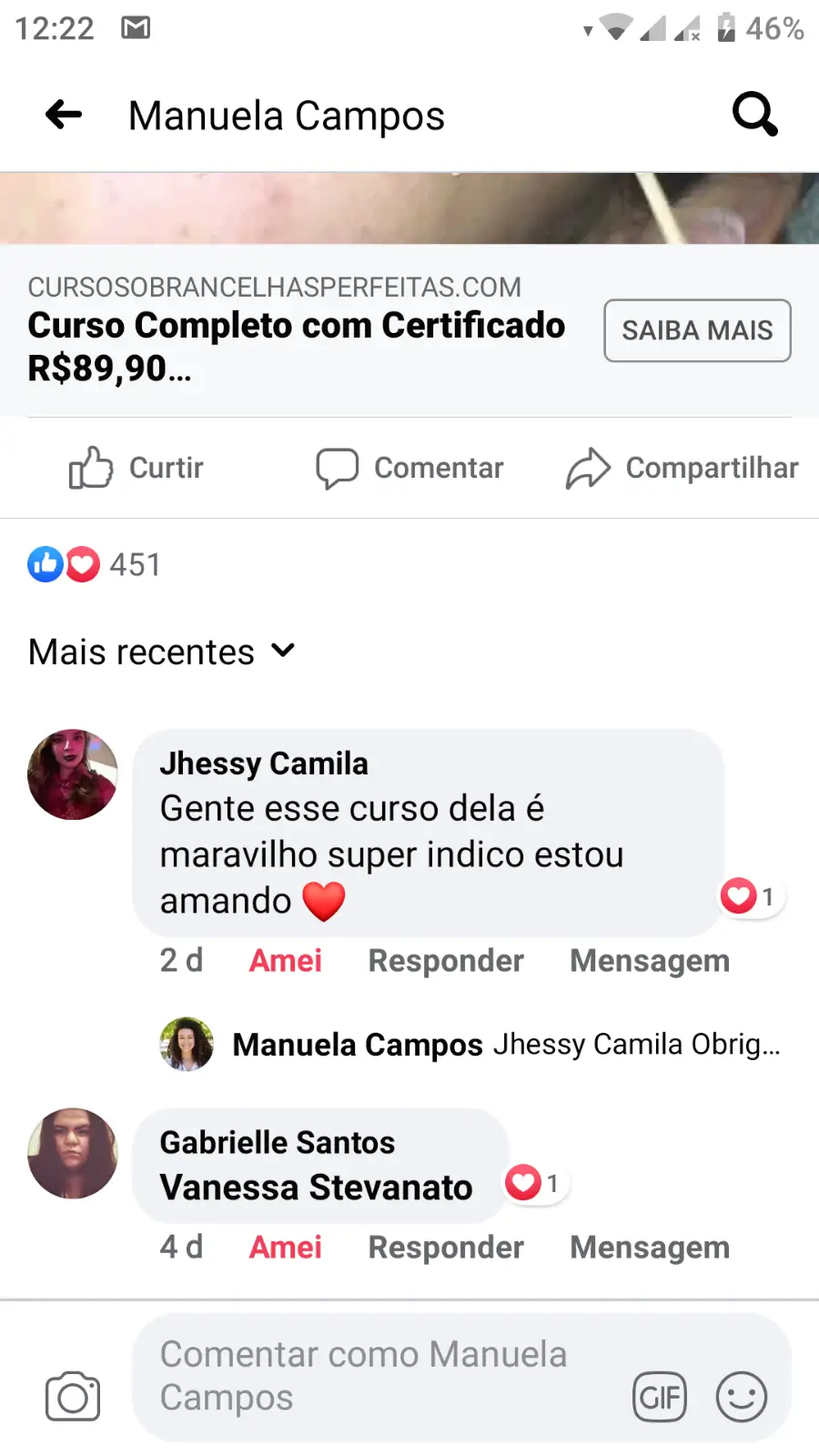 Aluna que tinha medo de começar do zero e hoje se sente segura e realizada com os resultados que o curso proporcionou.